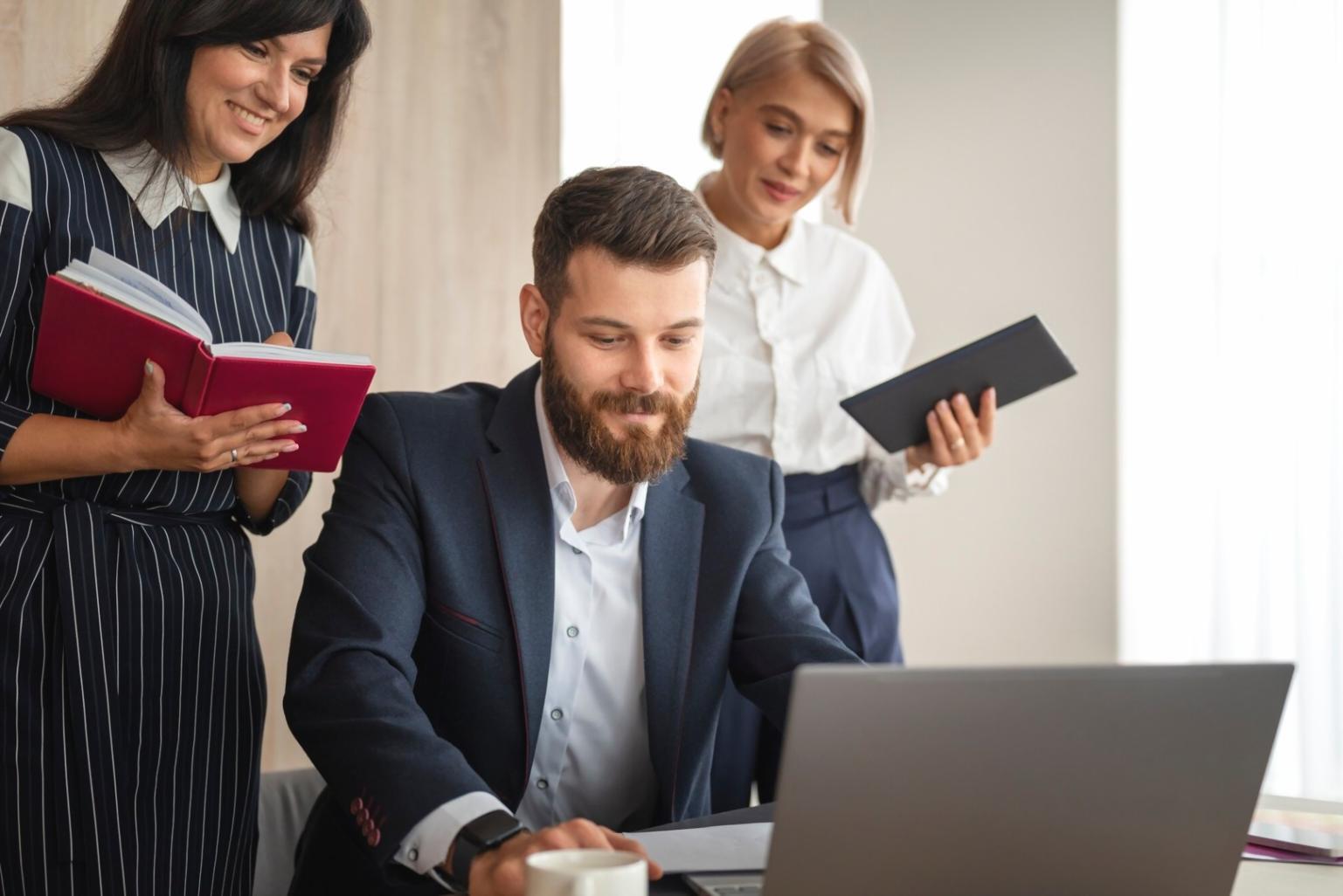 Modern office space with financial planning technology and collaborative workspace